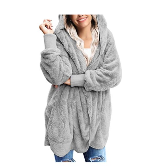 Women Casual Fuzzy Fleece Faux Fur Hooded Cardigan - Picture 3 of 5